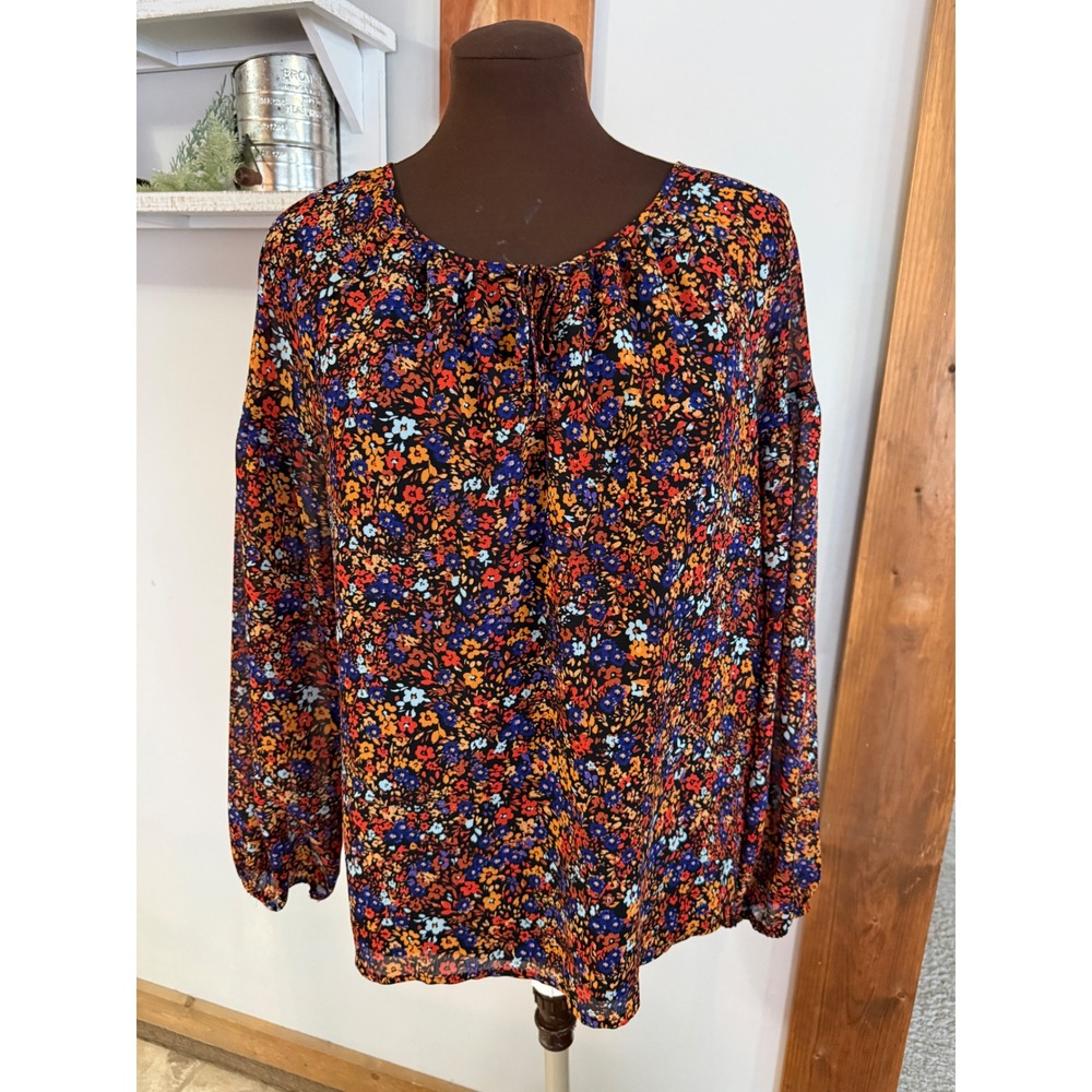 J. Crew Floral Balloon Sleeve shirt medium Ditsy Print black blue orange feminin
